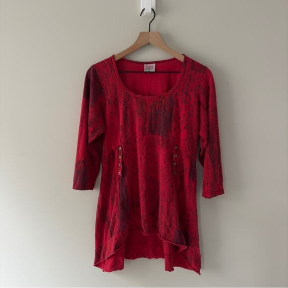 Vintage patchwork style button front Red babydoll Top 3/4 sleeves high low hem L - Picture 1 of 13